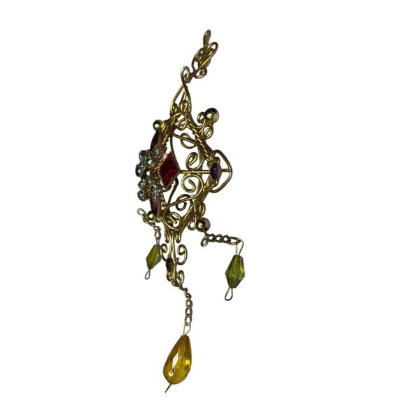 Vintage Gold Filigree Hanging Ornament With Jewel Accents & Beaded Dangling Char - Picture 3 of 4